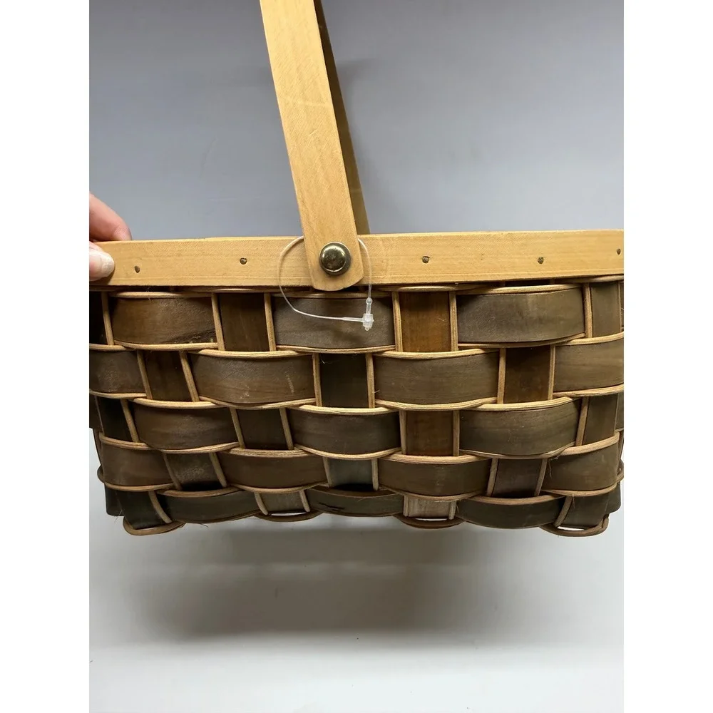 Hand Woven Wood Splint Basket with Handle Two Tone Brown Farmhouse Decor 13.5in
